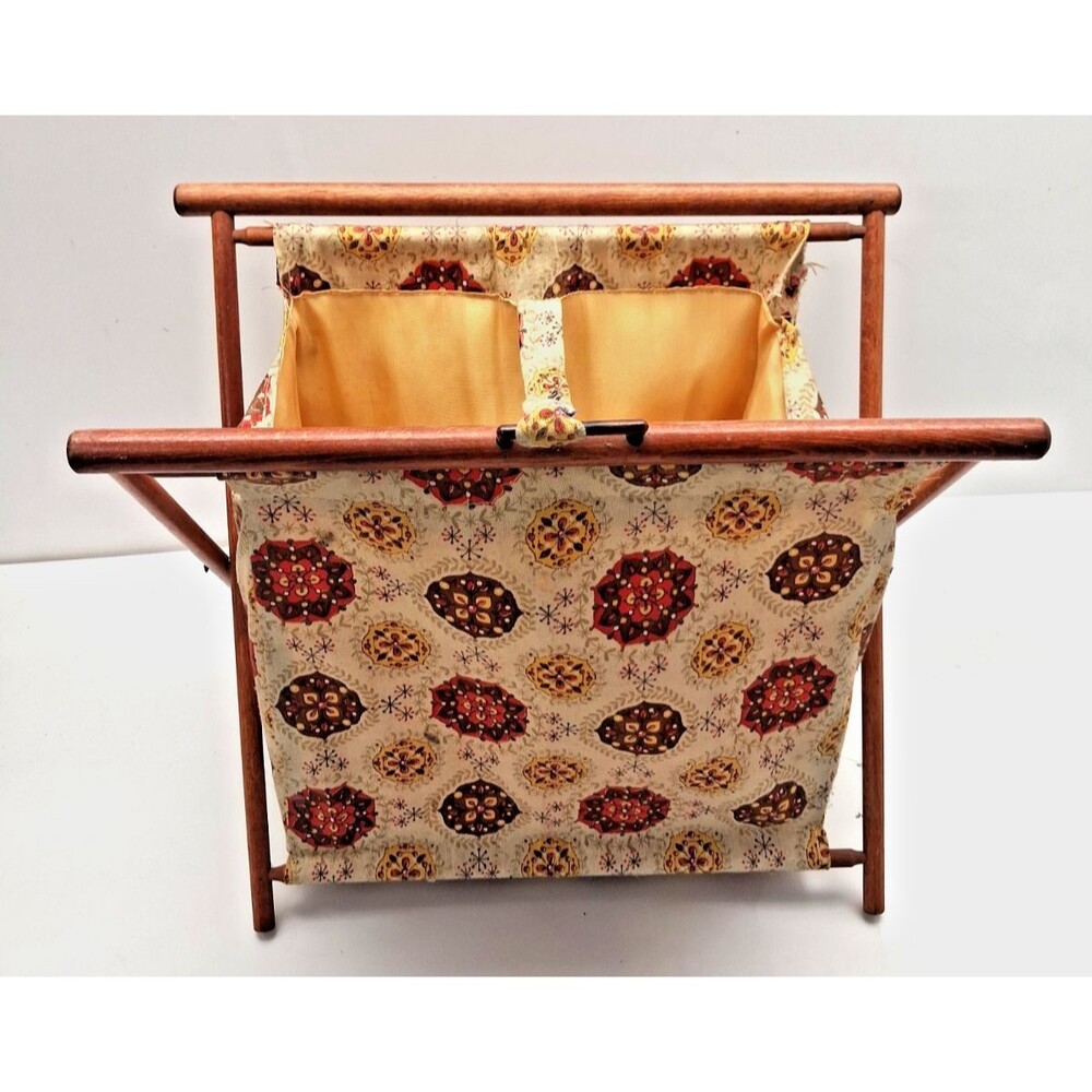 Vintage 1960s Floral Fabric Sewing Basket Wood Folding Frame Mid Century